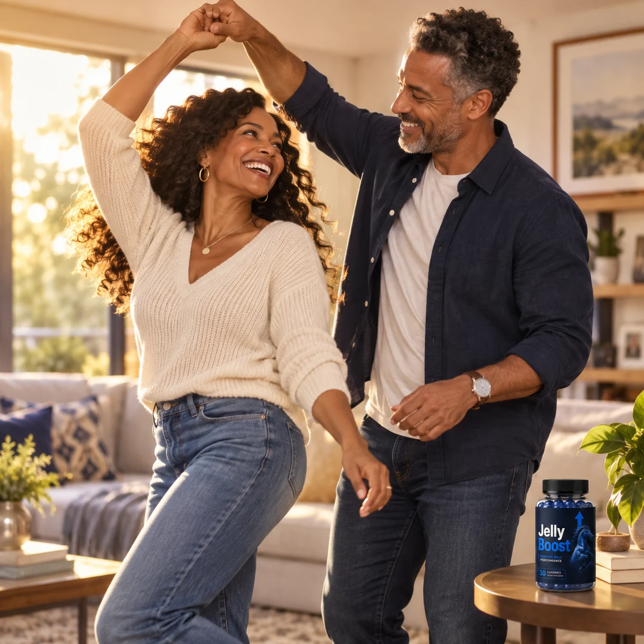 Couple dancing together at home, feeling close and confident with JellyBoost male performance gummies